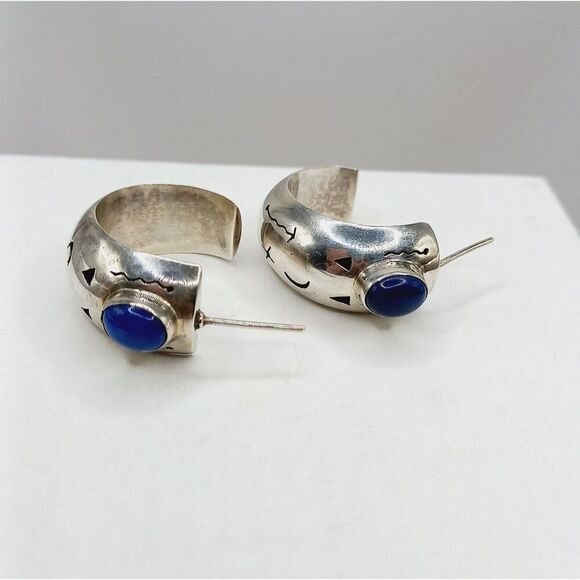 Vintage Sterling Silver Lapis Statement Earrings w Symbols Tribal Southwestern - Picture 9 of 13